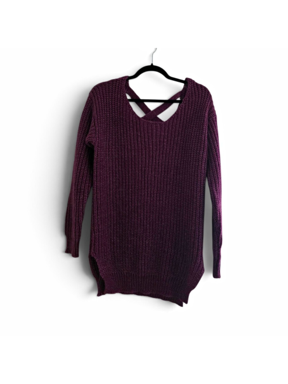 entro Women's Sweater Purple Knit Criss-Cross V-Neck Pullover Size M